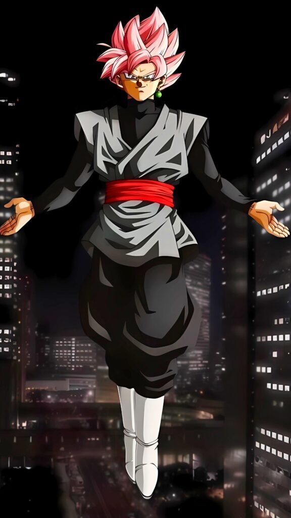 Goku Black floating above a night cityscape – 4K ultra HD anime wallpaper