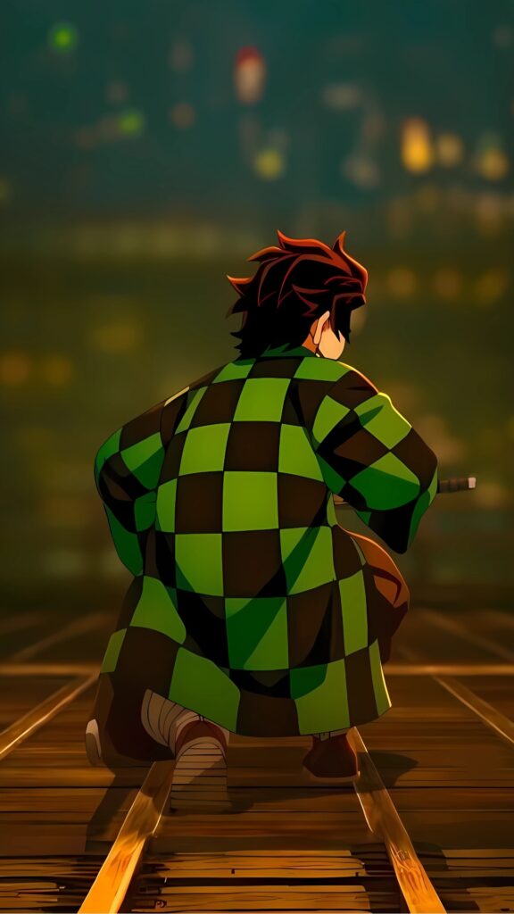 Tanjiro Kamado kneeling on a railway track, wearing his iconic green-checkered haori, in a cinematic 4K Demon Slayer wallpaper