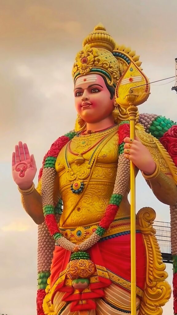 Majestic golden statue of Lord Murugan with vibrant attire, holding a Vel (spear), traditional Hindu deity of war and victory, standing tall under the sky.