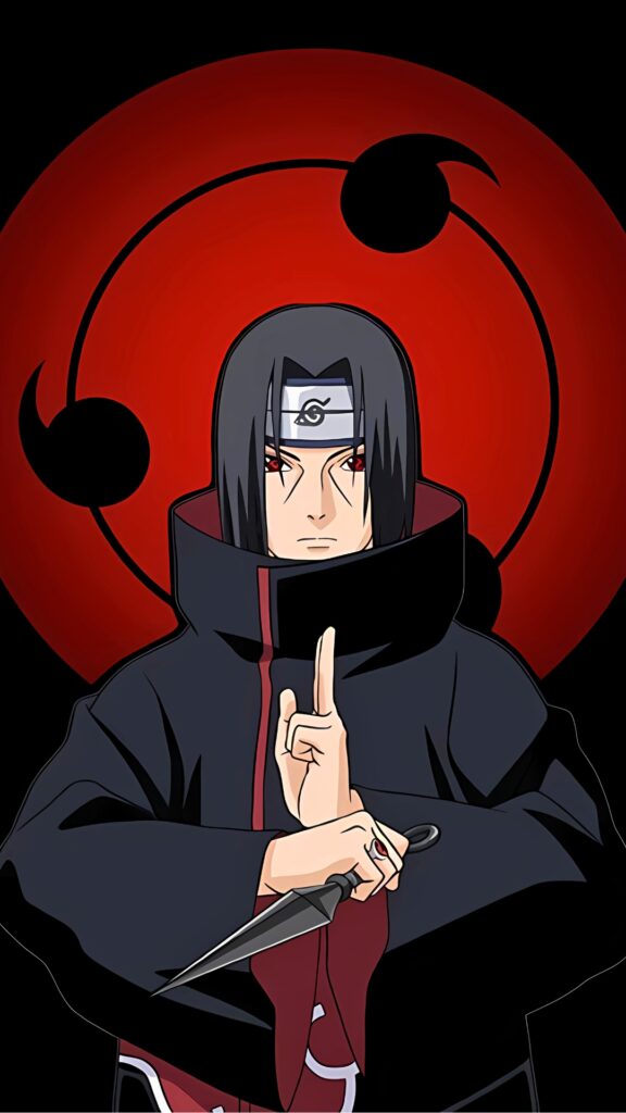 Front-facing Itachi Uchiha in Akatsuki cloak with kunai and Sharingan symbol behind, dark anime style with red and black aesthetic.