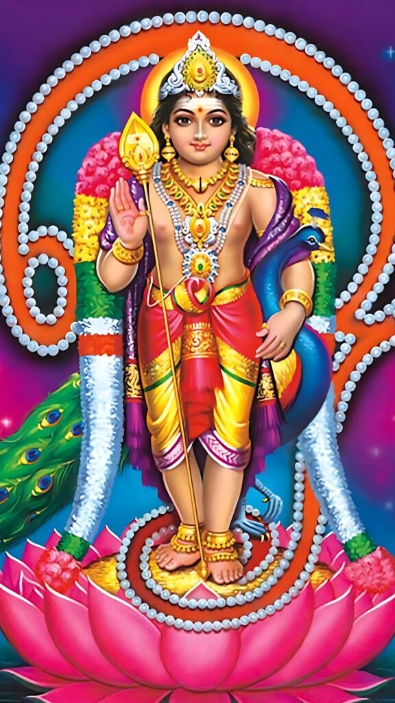 Lord Murugan (Kartikeya) in traditional attire, standing on a lotus with Vel and peacock, divine Tamil Hindu deity – HD devotional image with vibrant spiritual background