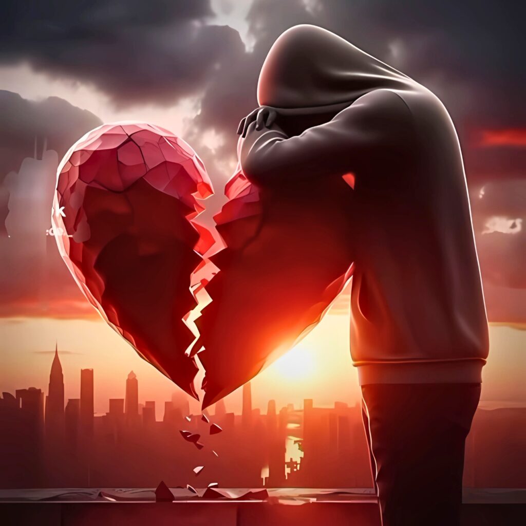 A hooded person leaning on a shattered red heart with a sunset city skyline, symbolizing heartbreak and loneliness – emotional WhatsApp DP