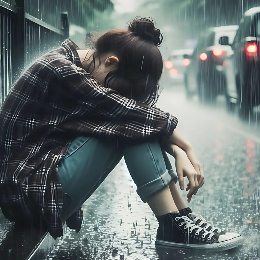 Sad girl sitting alone in the rain on a roadside with her head down, expressing deep emotional pain – perfect mood off DP for girls