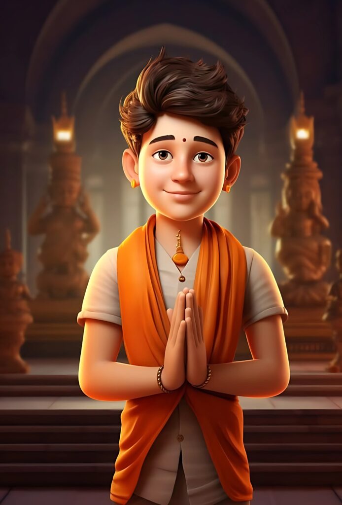 Cartoon illustration of a young Sanatani boy smiling warmly with folded hands, dressed traditionally in a temple setting.