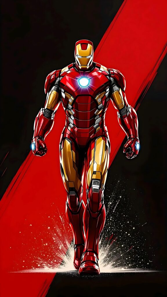 Iron Man 4K mobile wallpaper full body with glowing arc reactor and dynamic red-black background