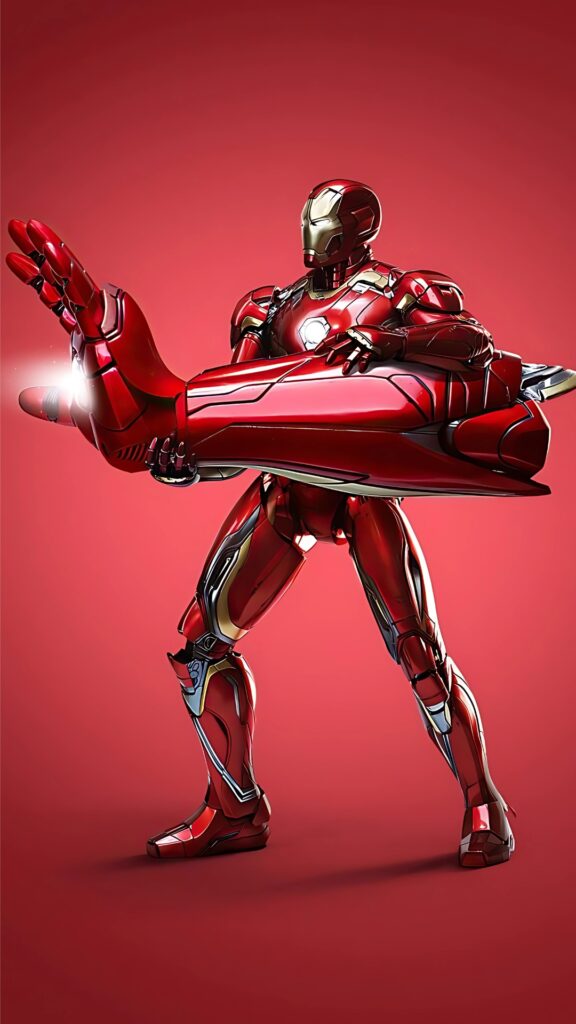 Iron Man HD 4K wallpaper with red armor and massive repulsor blaster arm on vibrant red background