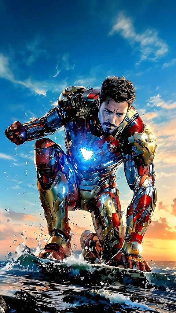 Iron Man kneeling powerfully on water with a blazing arc reactor and a vivid sunset sky — cinematic 4K iPhone wallpaper.