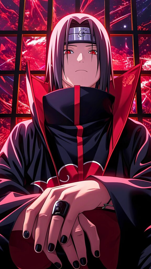 Itachi Uchiha sitting in a dark room with red lighting, Akatsuki cloak, and Sharingan eyes glowing in high-resolution anime art.