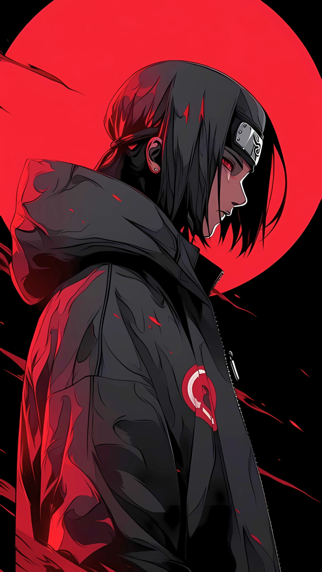 Side profile of Itachi Uchiha in Akatsuki cloak with a glowing red moon background, intense anime art style with dark and red color tones.