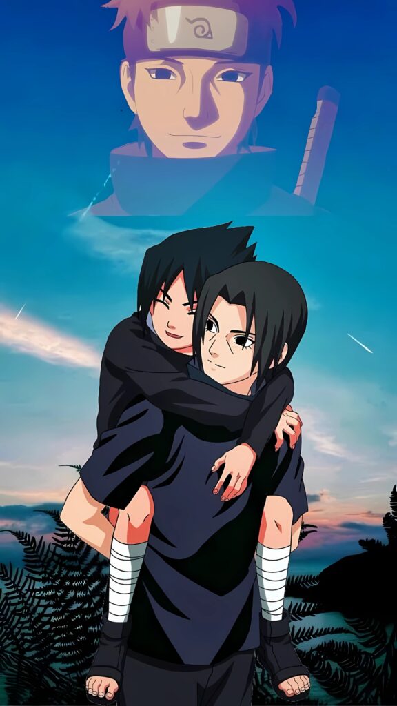 Young Itachi Uchiha giving Sasuke a piggyback ride with Shisui’s smiling face in the sky – emotional Naruto wallpaper