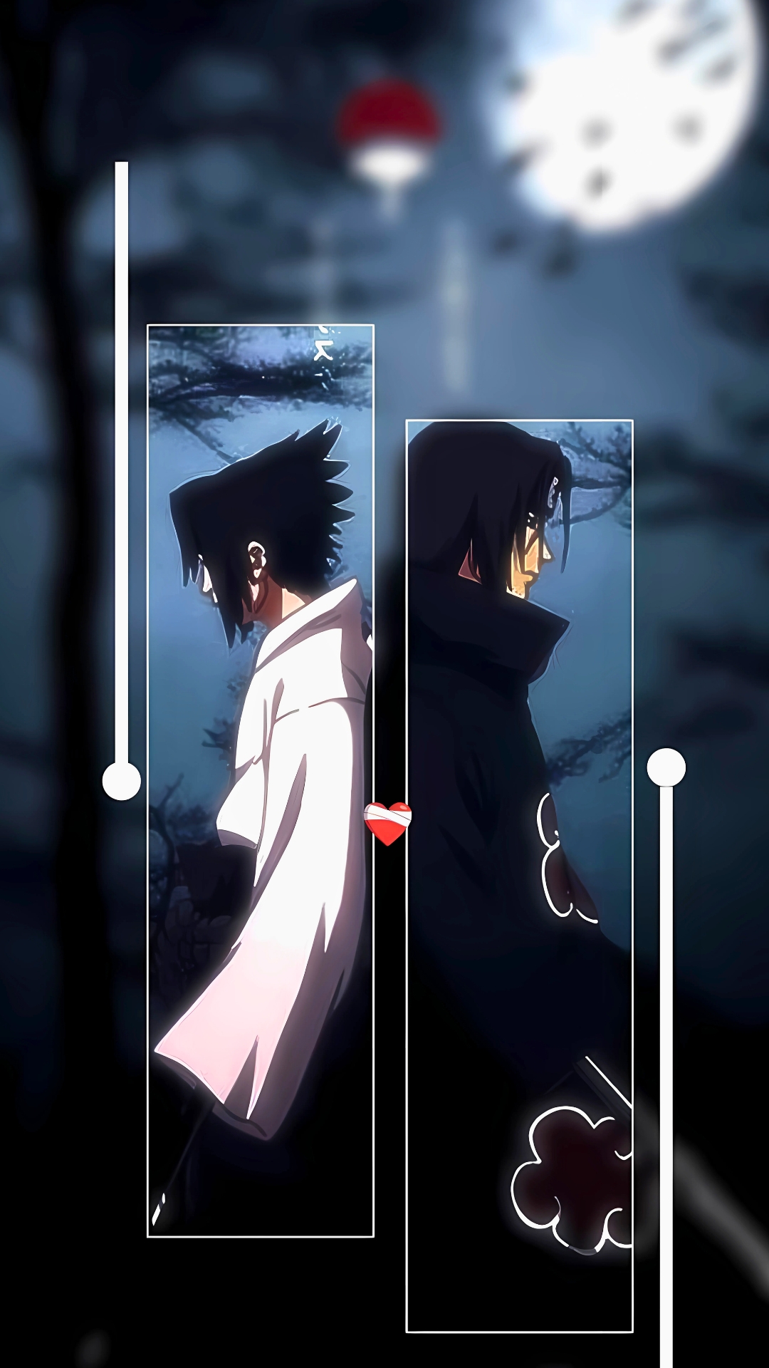 Itachi Uchiha and Sasuke Uchiha standing back to back under a full moon with Uchiha symbol, dark forest background in anime style.