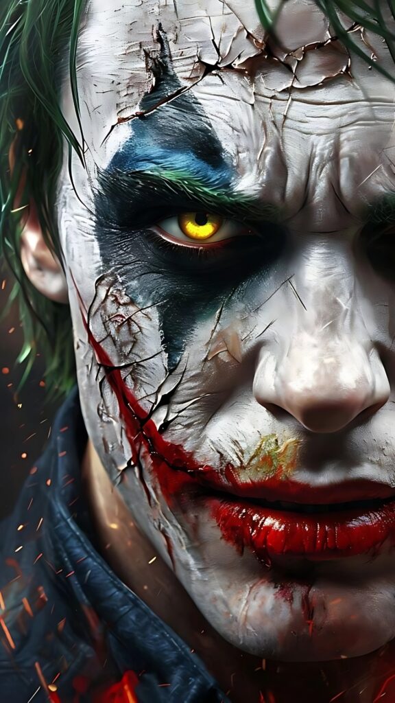 Close-up of Joker’s cracked face with yellow eye, smeared makeup, and fiery effects – 4K full screen HD wallpaper download