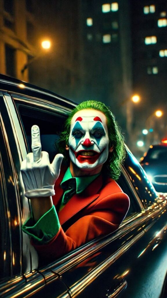 Joker in red suit leaning out of car at night with clown makeup and green hair – HD 4K wallpaper download