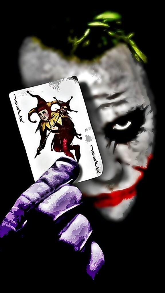 Joker holding playing card close-up, 4K dark-themed wallpaper for phone with face paint and purple glove