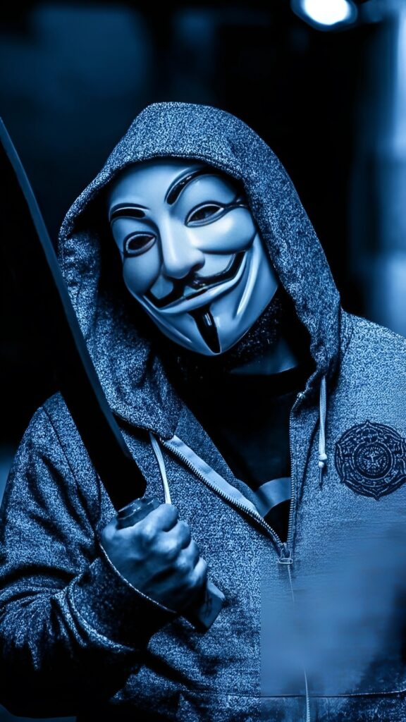 Joker 4K mobile wallpaper – masked man in hoodie holding machete, blue-tinted dark urban background