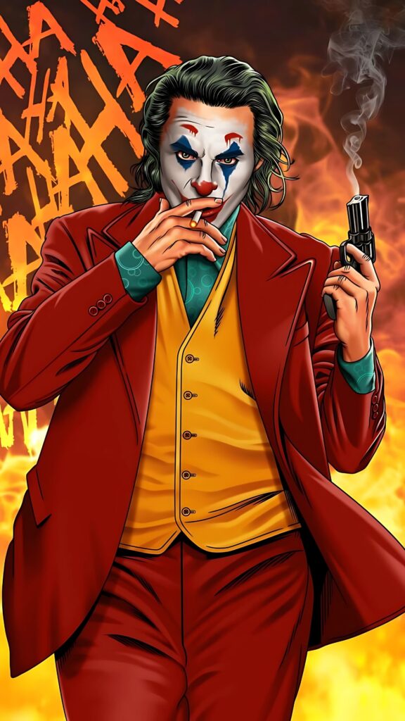 Comic-style Joker in red suit with clown makeup, holding a gun, fire and graffiti background – 4K wallpaper