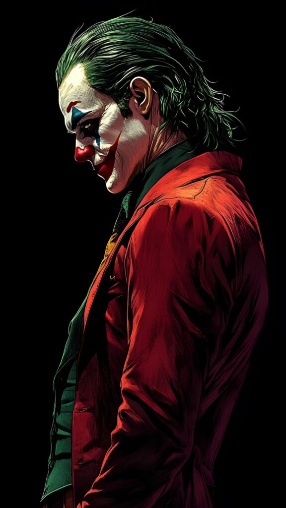 4K HD Joker wallpaper – dark comic-style profile of Joker in red suit with clown makeup on black background