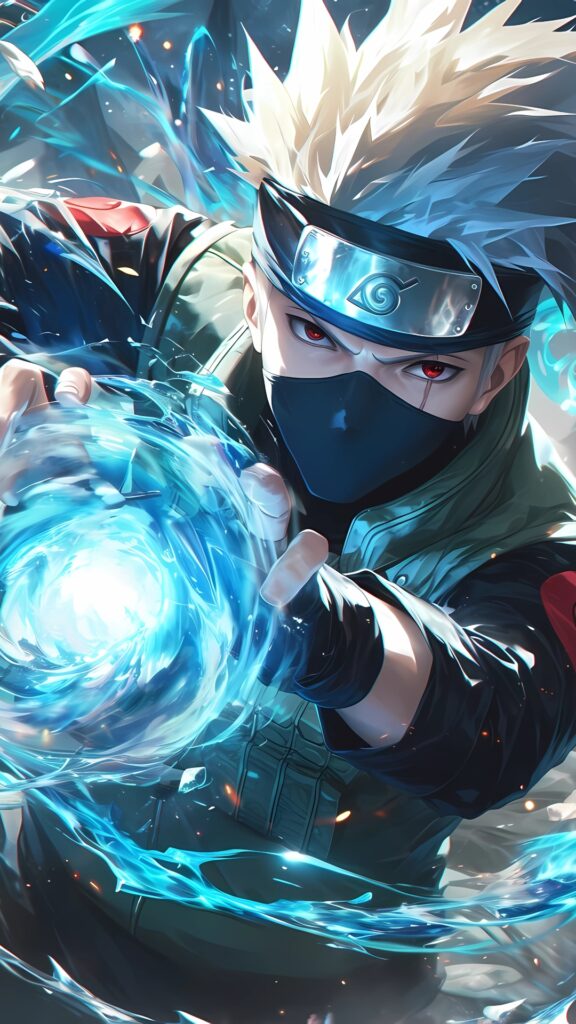 High-resolution 4K anime wallpaper featuring Kakashi Hatake using Chidori with intense blue energy and Sharingan activated, from Naruto series.