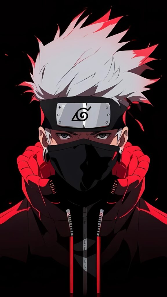 Stylish HD anime wallpaper of Kakashi Hatake in a red-and-black hoodie, featuring sharp white hair and a masked face with intense eyes, set against a dark background.