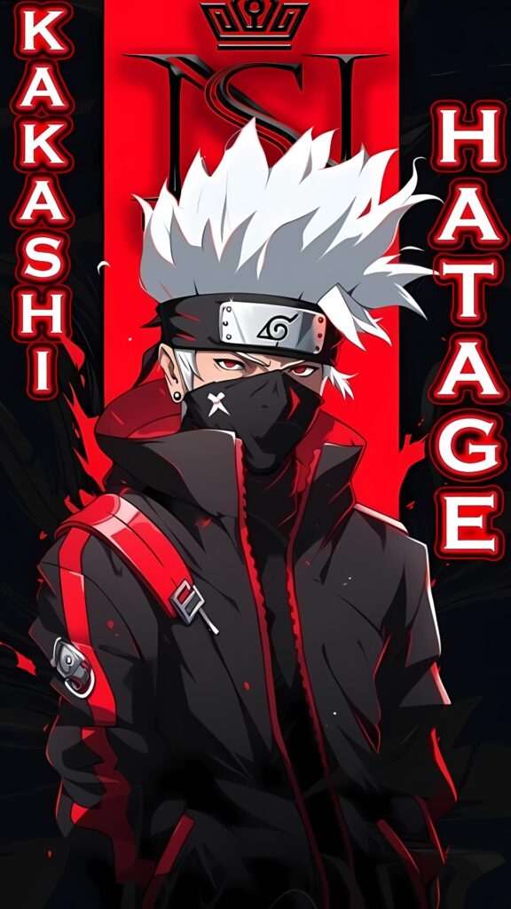 Stylized HD artwork of Kakashi Hatake in a modern ninja outfit with red and black tones, intense expression, and the quote "Who knew love could be so violent" in a dramatic design.