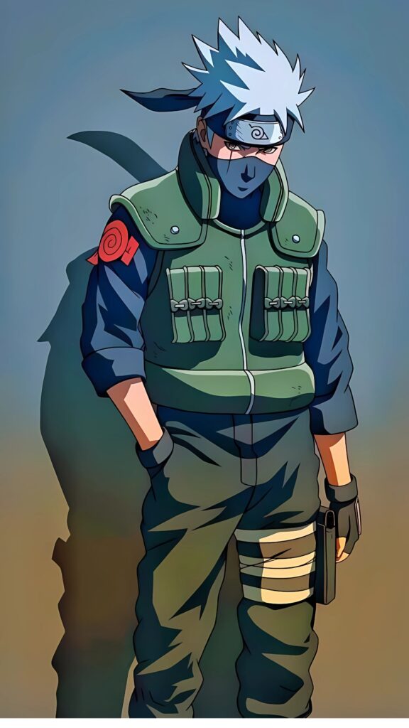 Stylized anime wallpaper of Kakashi Hatake from Naruto, wearing a green flak jacket and ninja headband, standing in a shadowy pose with a serious expression.