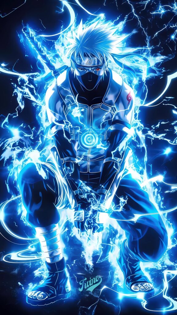 Hatake Kakashi unleashing Chidori with intense blue lightning energy in a dynamic 4K anime iPhone wallpaper from Naruto Shippuden.