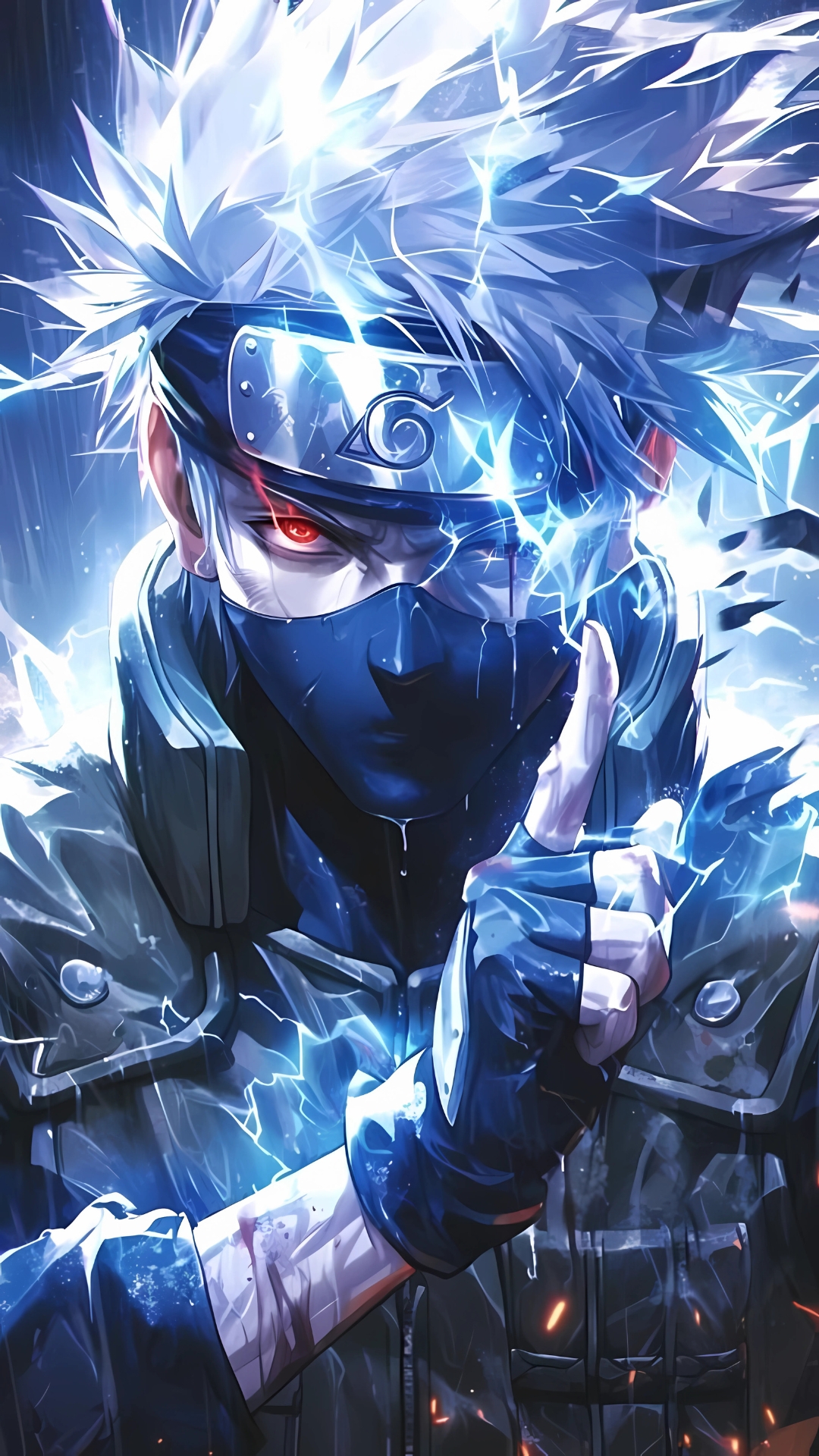 Epic 4K wallpaper of Kakashi Hatake using Chidori lightning jutsu with Sharingan activated, surrounded by glowing blue lightning effects in high detail.