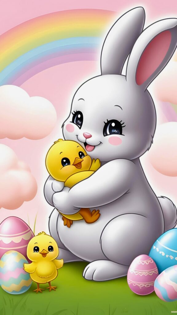A cute Easter bunny hugging a happy chick, surrounded by pastel Easter eggs on green grass, with another cheerful chick nearby and a vibrant rainbow in the pink sky