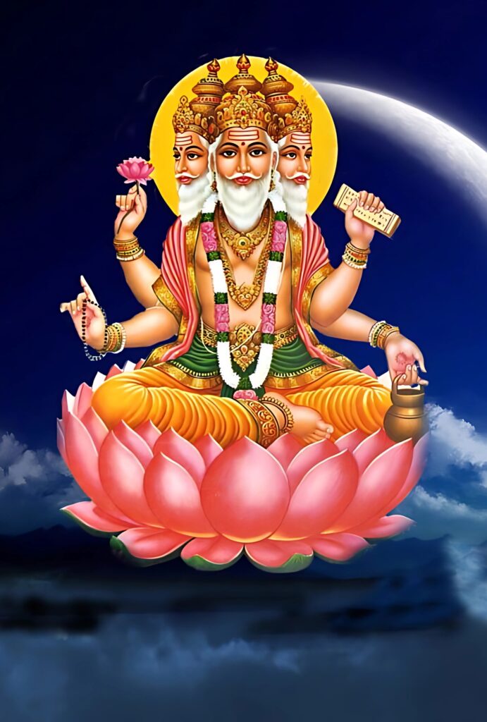 Lord Brahma HD wallpaper – The Hindu god of creation seated on a lotus, holding Vedas, a lotus flower, a rosary, and a water pot with a cosmic background.