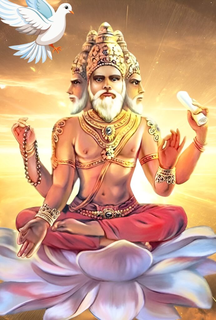 Lord Brahma HD wallpaper – Hindu deity of creation sitting on a lotus, holding sacred scriptures, a rosary, and blessing devotees with divine wisdom, set against a golden celestial background