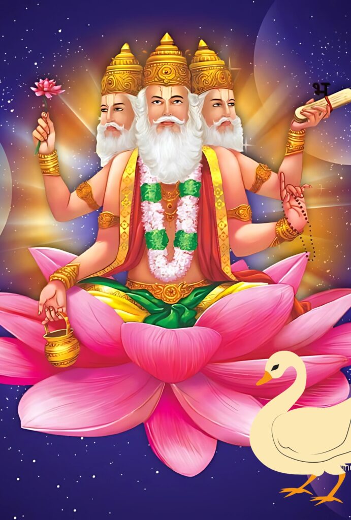 Lord Brahma Ji HD wallpaper – Hindu deity with four faces seated on a lotus, symbolizing creation and wisdom
