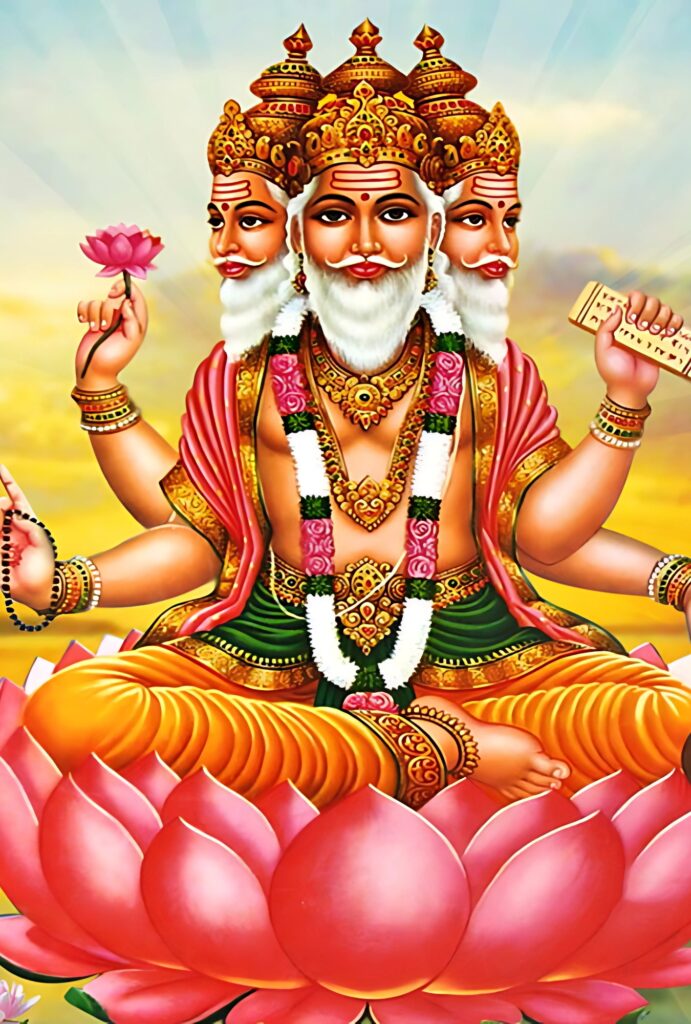 Lord Brahma Ji HD wallpaper – Hindu god of creation with four faces, seated on a lotus, holding Vedas, a rosary, a pot, and a lotus flower