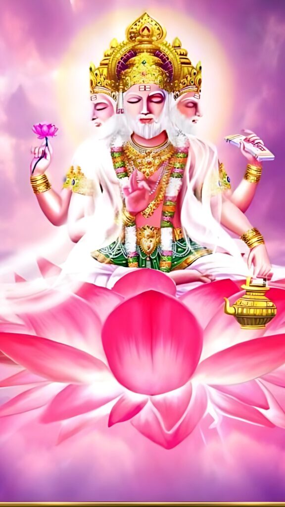 Lord Brahma HD Wallpaper – Divine Hindu God with Four Faces Sitting on a Lotus in a Spiritual Background