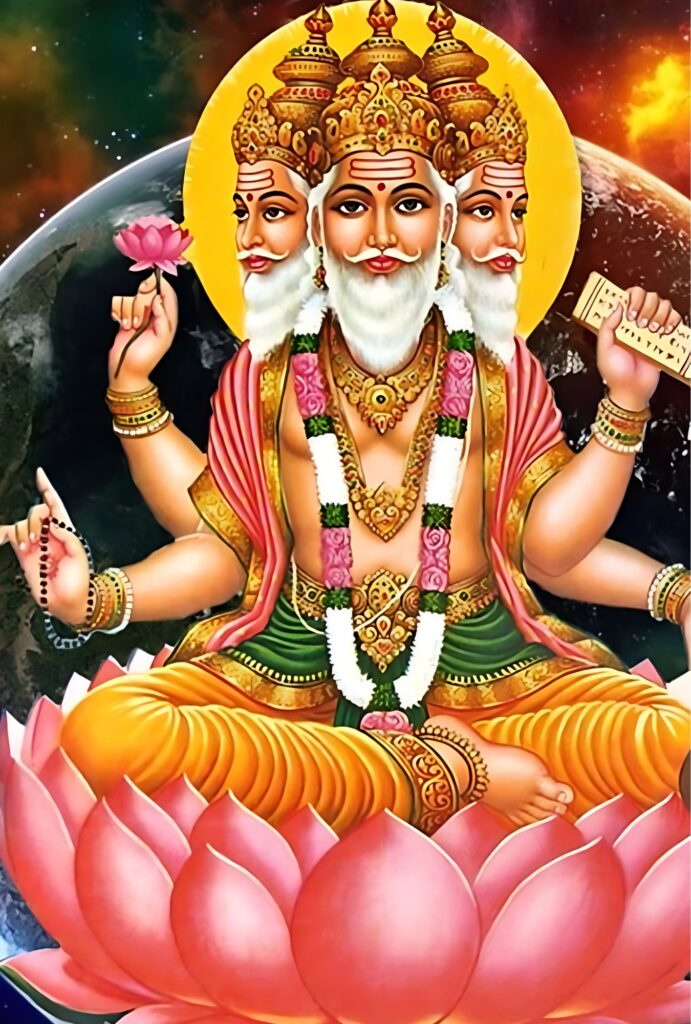 Lord Brahma, the Hindu creator god, seated on a pink lotus with four faces, holding a lotus flower, sacred scriptures, and prayer beads, against a cosmic background symbolizing the universe