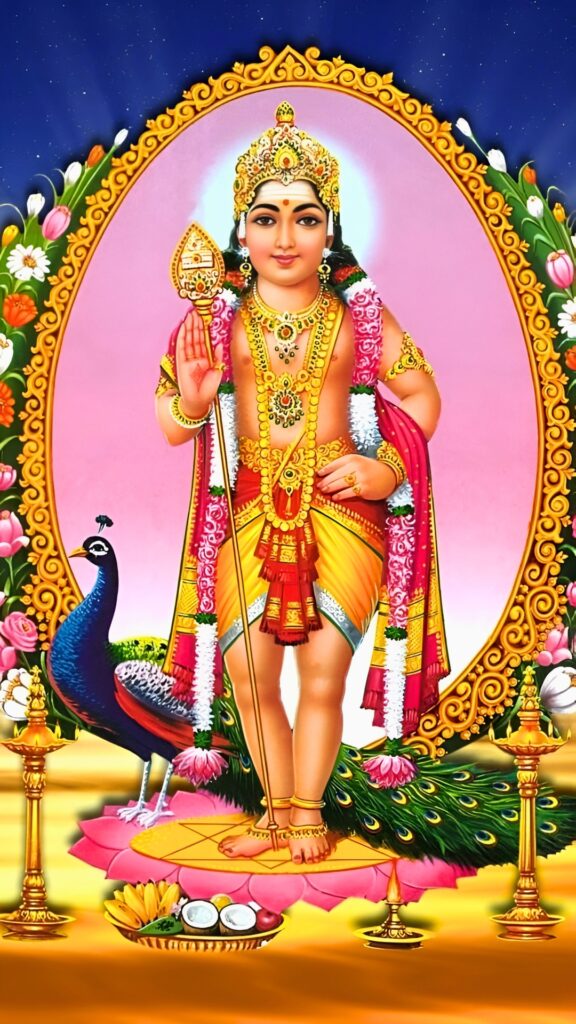 Lord Murugan (Kartikeya) standing on lotus with Vel and peacock, surrounded by floral arch, traditional devotional artwork