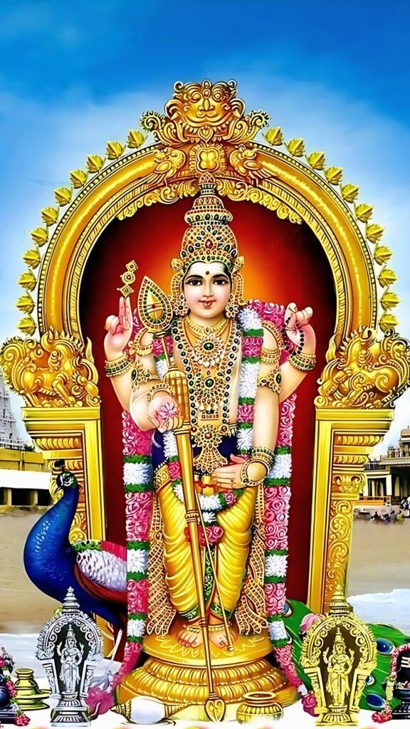 Traditional image of Lord Murugan (Kartikeya) with Vel, peacock, and temple arch, richly adorned with jewelry and garlands, symbolizing Hindu devotion.