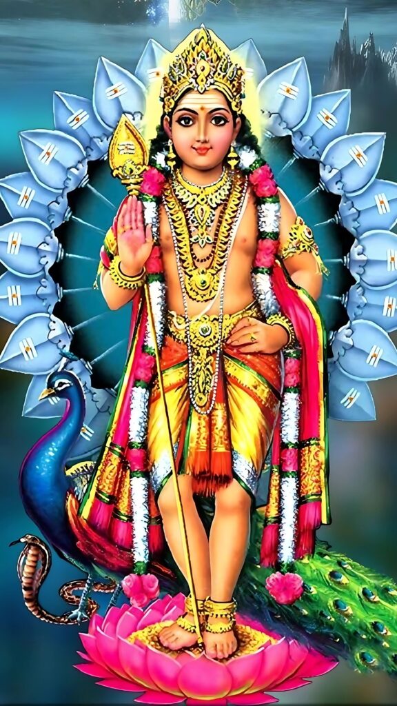 Lord Murugan (Kartikeya) with Vel, standing on lotus flower with peacock and divine aura, surrounded by symbolic spears – Hindu god of war, devotion and bhakti