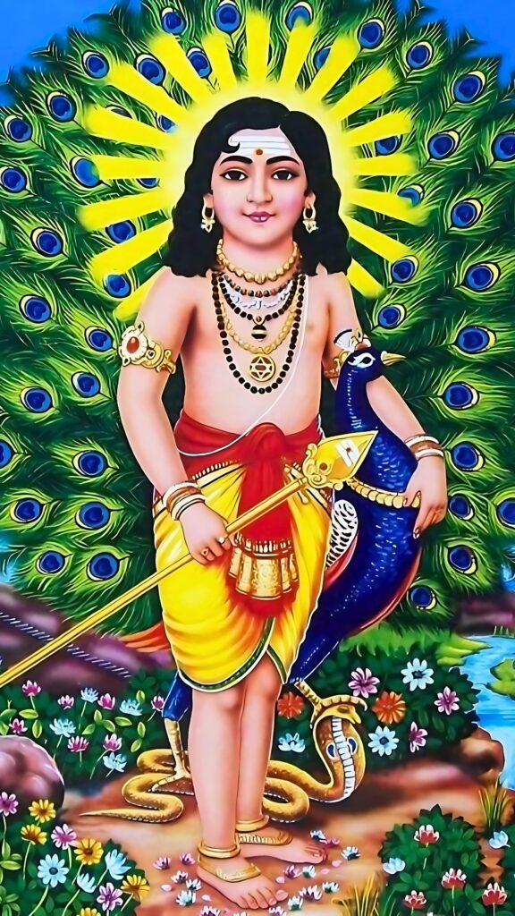 Lord Murugan (Kartikeya) with Vel and peacock, surrounded by radiant peacock feathers, standing on floral ground – Hindu god in bhakti art style