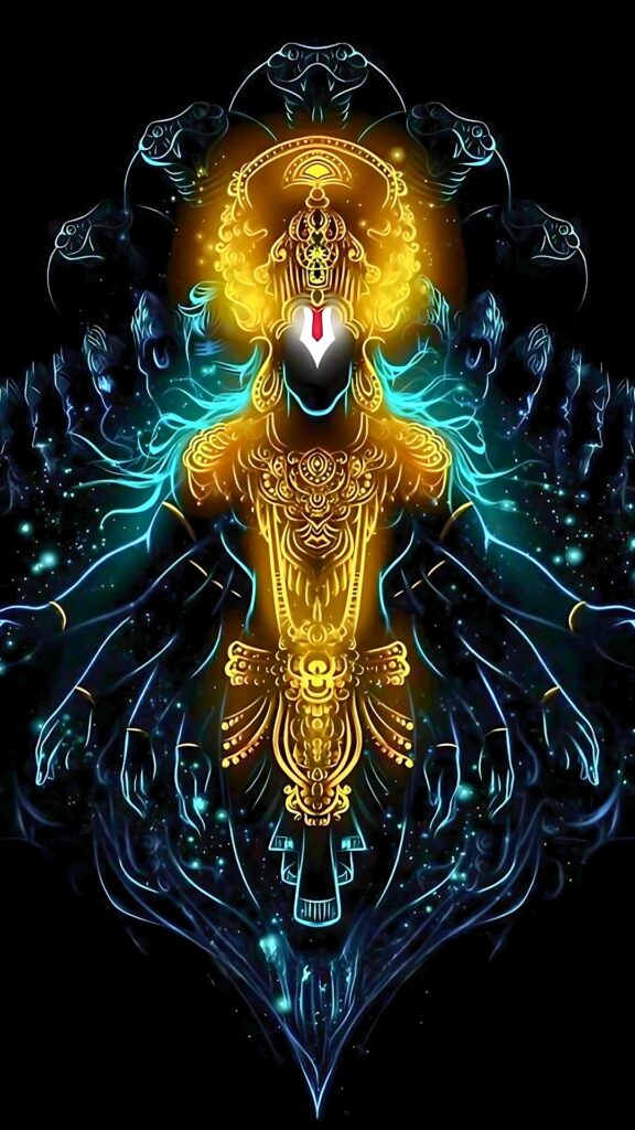Divine neon art of Lord Vishnu with multiple arms and Sheshnag, glowing in cosmic energy – Hari Narayana HD wallpaper.