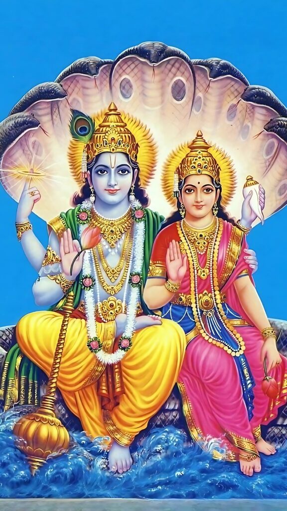 Lord Vishnu and Goddess Lakshmi sitting on Sheshnag, radiating divine energy – HD spiritual wallpaper.