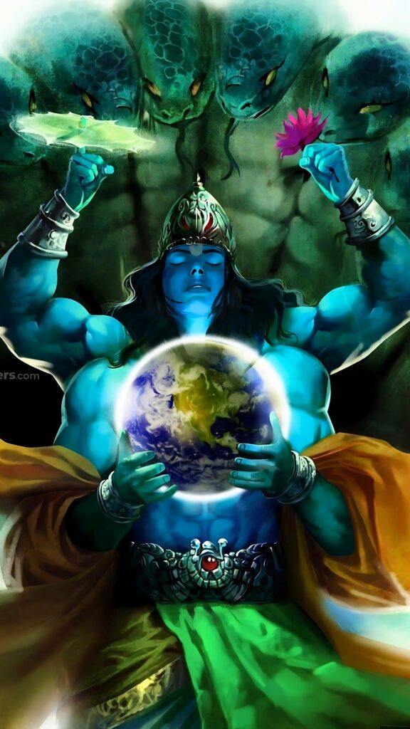 Powerful digital artwork of Lord Vishnu holding Earth, symbolizing protection and preservation – HD phone wallpaper.