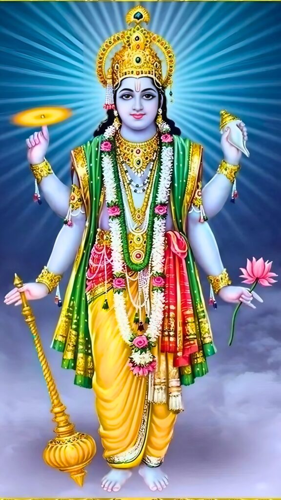 Lord Vishnu standing on clouds, holding Sudarshan Chakra, Shankh, Gada, and Lotus – HD divine wallpaper.
