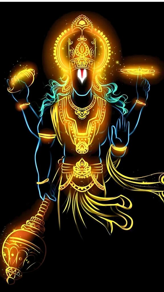 Lord Vishnu glowing yellow digital artwork, holding Sudarshan Chakra, Mace, Conch, and blessing hand – Hari Narayana HD wallpaper.