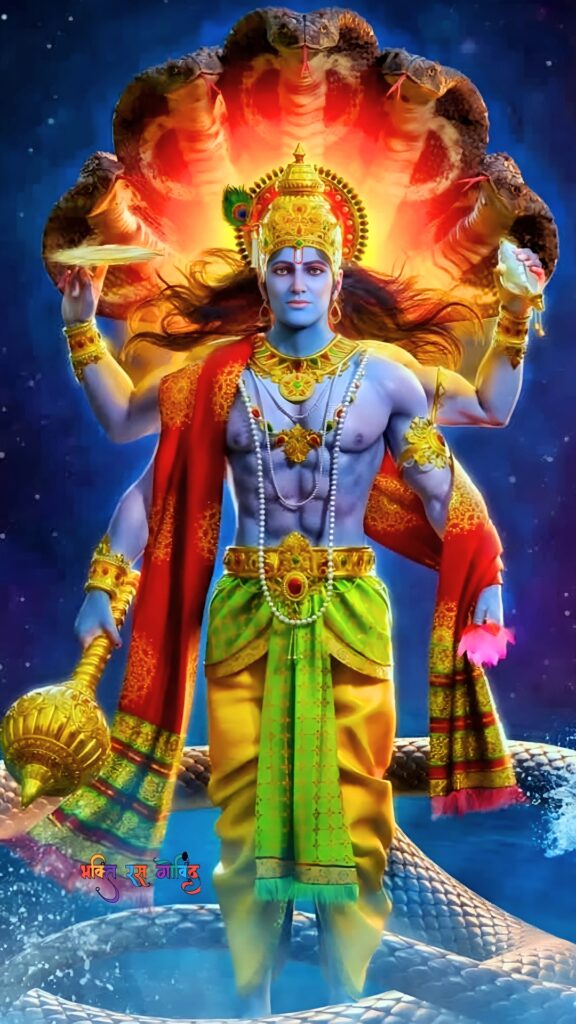Divine depiction of Lord Vishnu with Sheshnag, holding Sudarshan Chakra, Mace, and Lotus, glowing with cosmic energy – Jai Shree Ram, Vishnu Bhagwan HD wallpaper