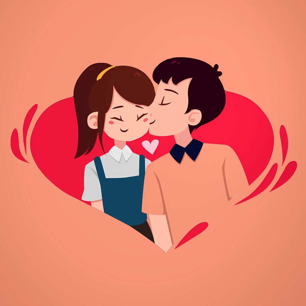 Cute cartoon couple sharing a sweet love kiss in front of a heart — a graphic love illustration perfect as a love WhatsApp DP for couples