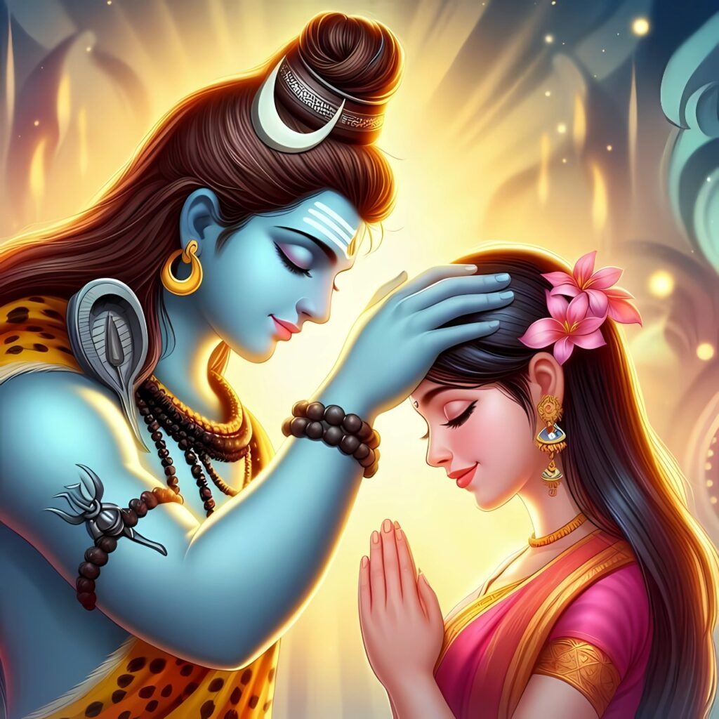 Mahadev blessing girl - divine Shiva with traditional Indian woman in spiritual pose