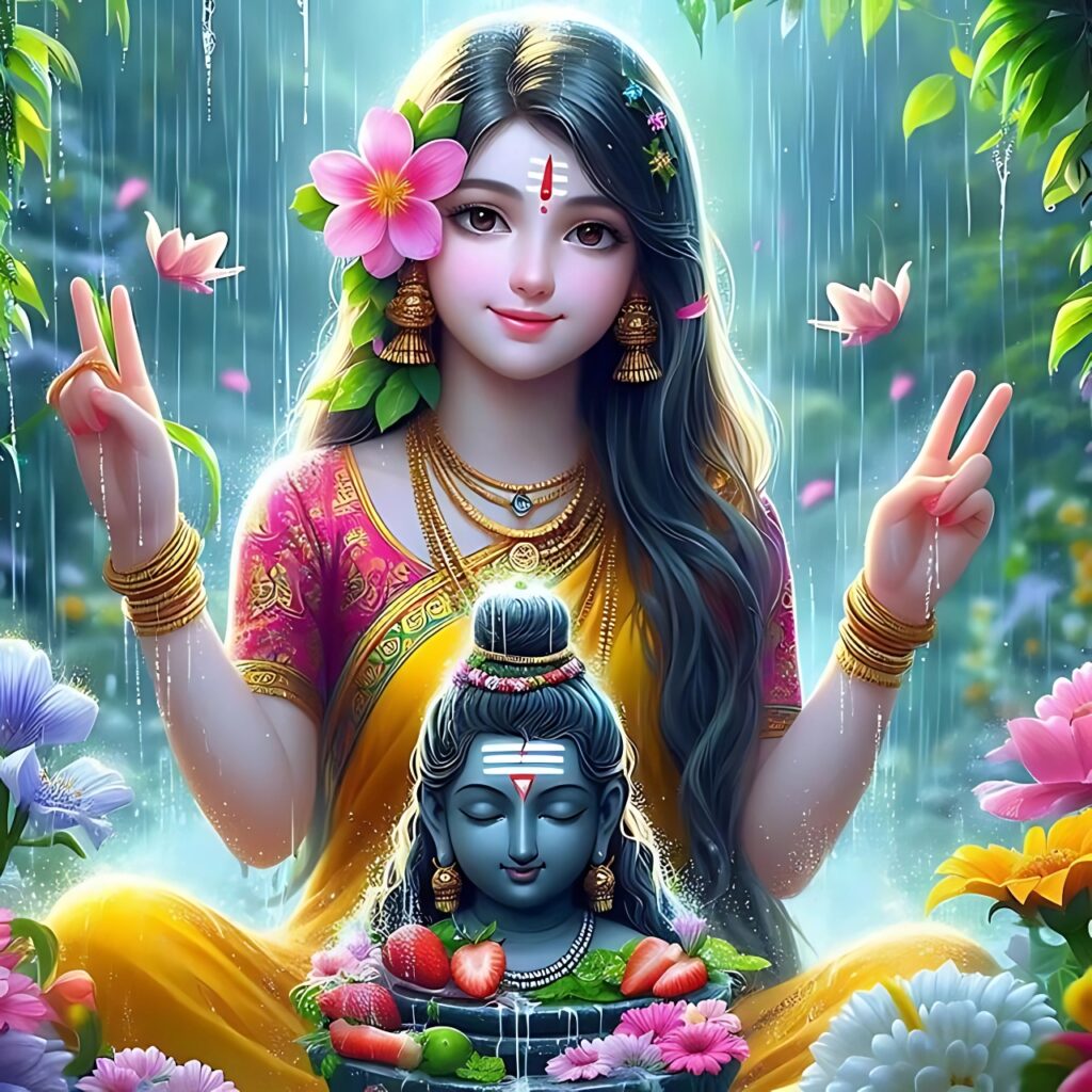 Devotional girl with flower in hair doing peace sign in front of Lord Shiva idol, vibrant Mahadev-themed DP for girls with floral background