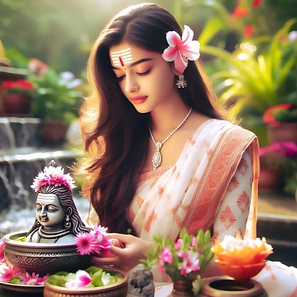 Devotional girl in white saree offering prayers to Mahadev Shivling with floral decoration – serene spiritual image