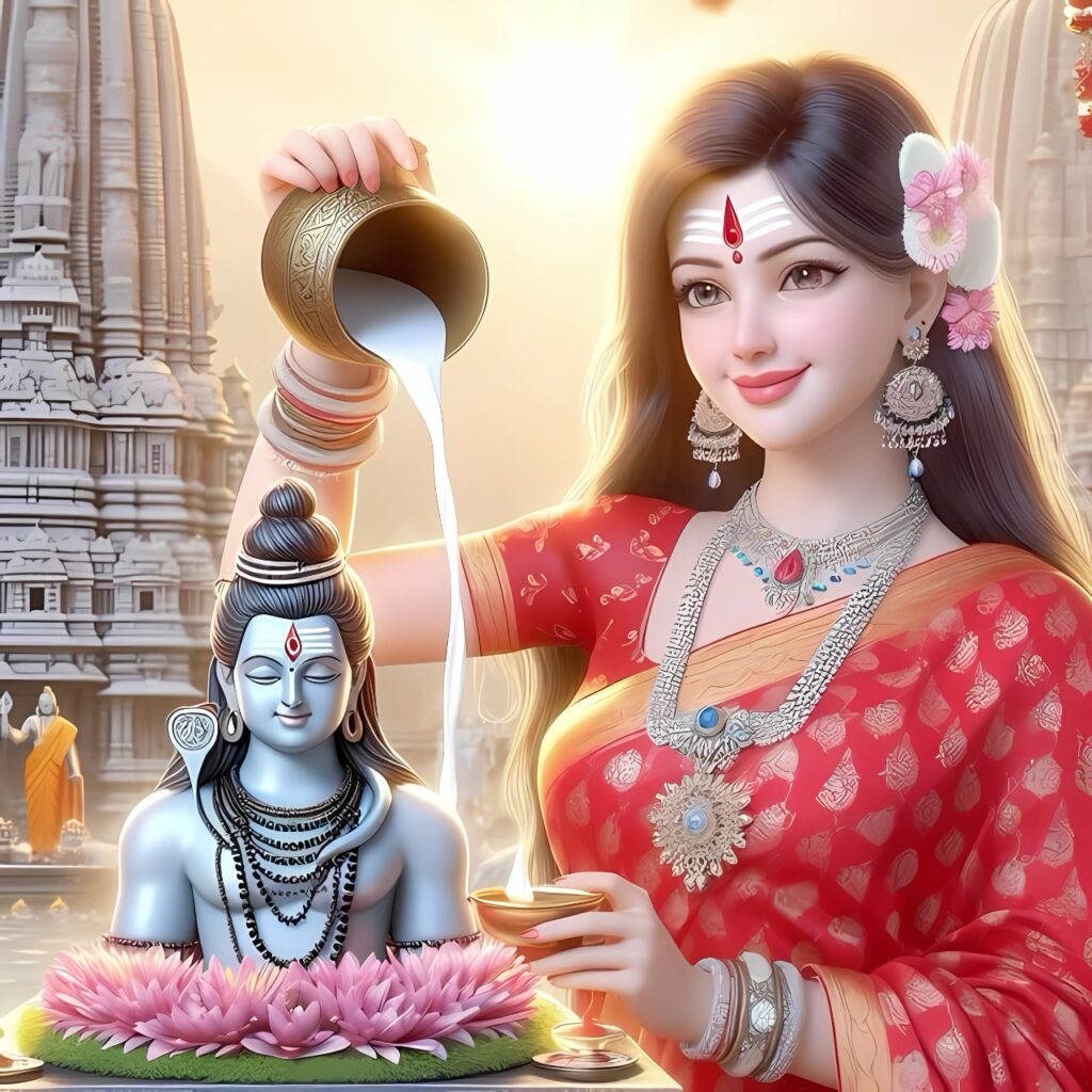 New Mahadev girl DP – Beautiful devotee pouring milk on Lord Shiva idol in temple with lotus decoration