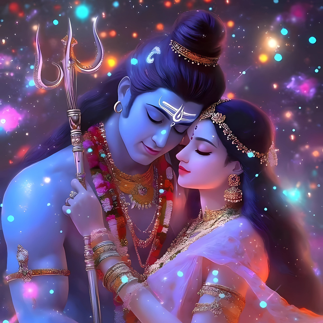 Beautiful Mahadev Parvati love image with cosmic lights, perfect for WhatsApp DP, showcasing Lord Shiva and Goddess Parvati in a loving embrace.